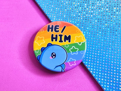 Rainbow Dinosaur Pronoun Button Badges