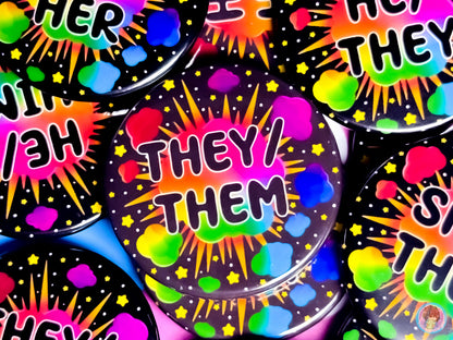 Rainbow Explosion Pronoun Button Badges